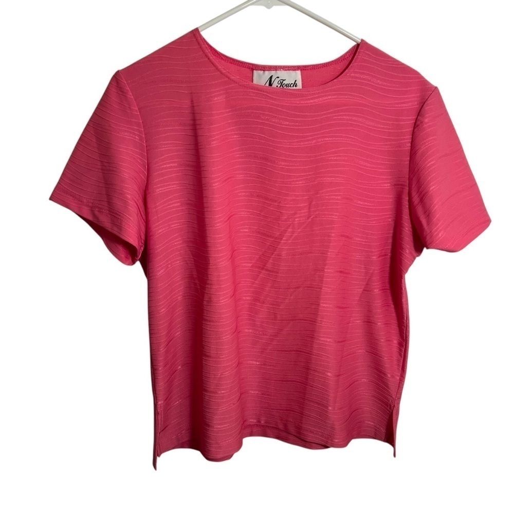 Vintage N Touch Women's Size Large Short Sleeve Blouse Pink Textured Stripe Crew